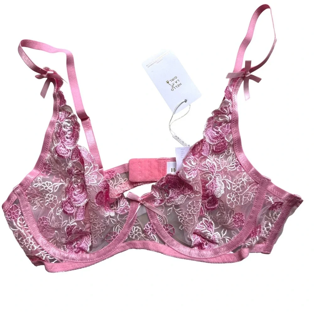 Pink Floral Lingerie Set Lg Romantic coquette sexy Embroidered Bra Thong NEW